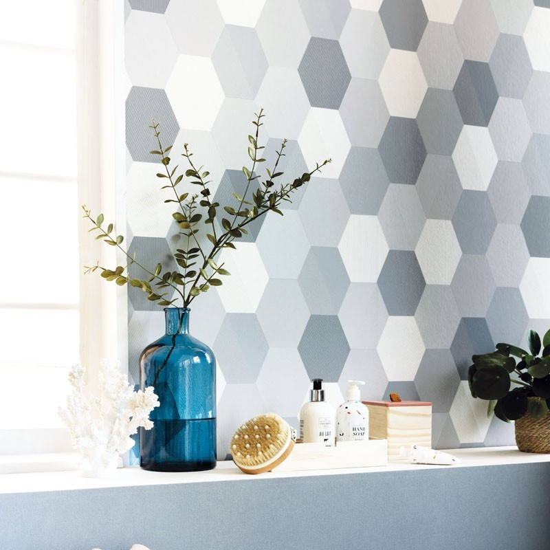 papel geometrico para decoración de cuarto de baño