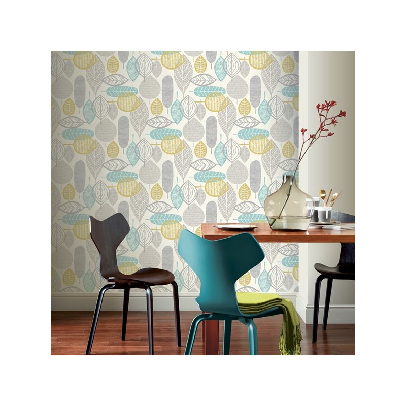 Papel pintado hojas azul turquesa y gris Retro House