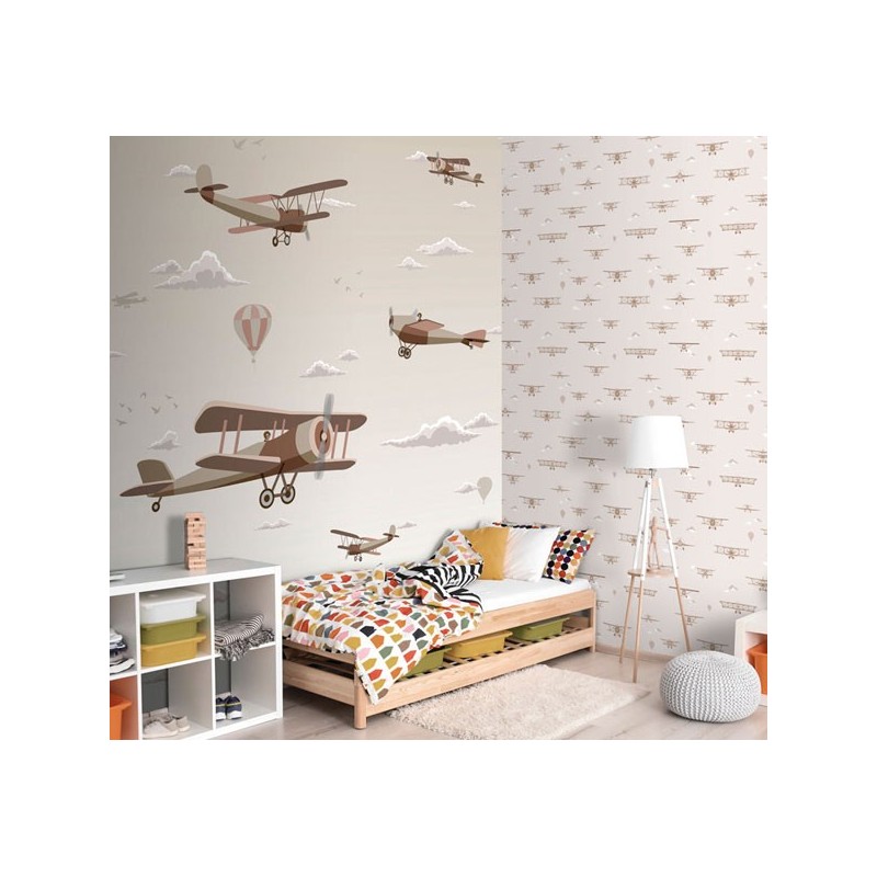 papel pintado infantil aviones beige