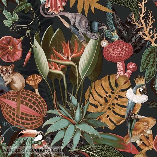 Papel de parede TROPICAL ANIMAIS EXÓTICOS PRETO