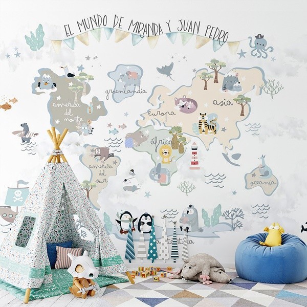 Mural Mapa Infantil con Texto y Nombre personalizable en papel pintado para  paredes Fantasía VCMF-006