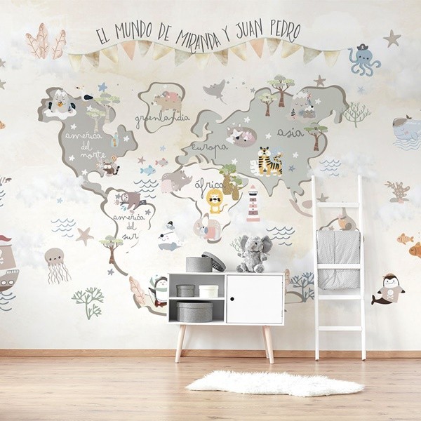 Mural infantil MAPA mundi con animalitos