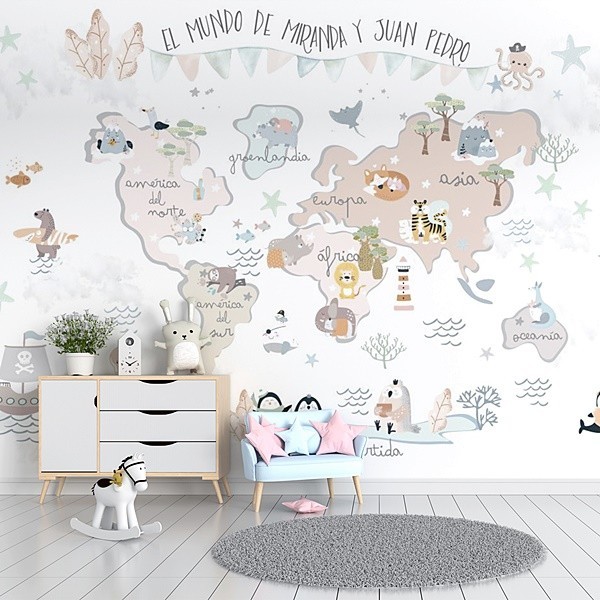 Mural Mapa Infantil con Texto y Nombre personalizable en papel pintado para  paredes Fantasía VCMF-009