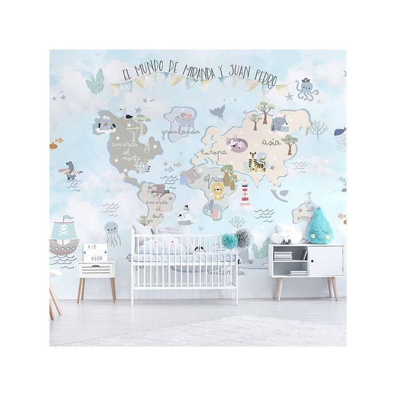 Mural Mapa Infantil con Texto y Nombre personalizable en papel pintado para  paredes Fantasía VCMF-007