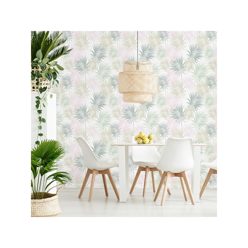 papel pintado hojas tropicales rosa y verde