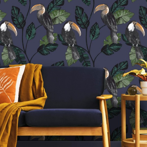 Papel de parede tucanos azul marinho 91343