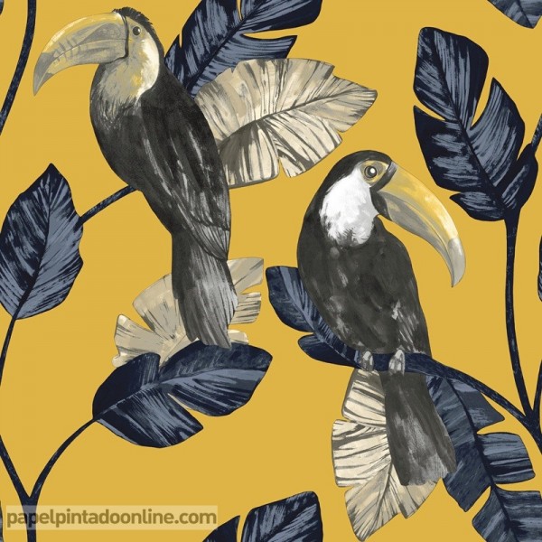 Papel pintado tucanes ocre con hojas Amazonia 91342