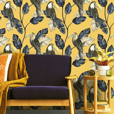 Papel pintado tucanes ocre con hojas Amazonia 91342 2