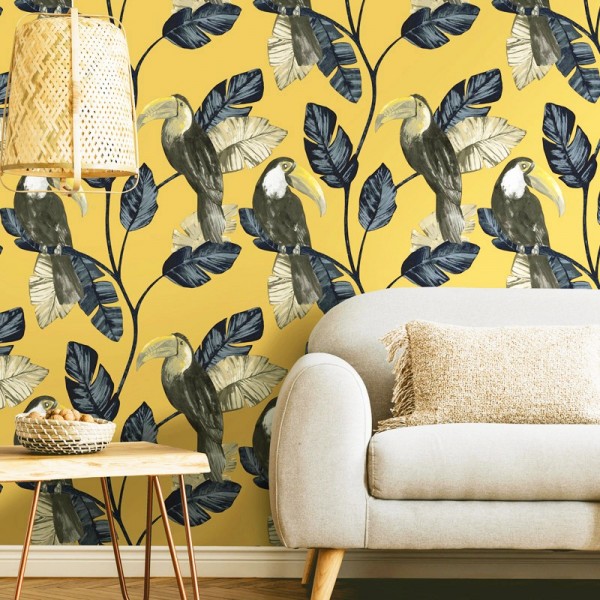 Papel pintado tucanes ocre con hojas Amazonia 91342