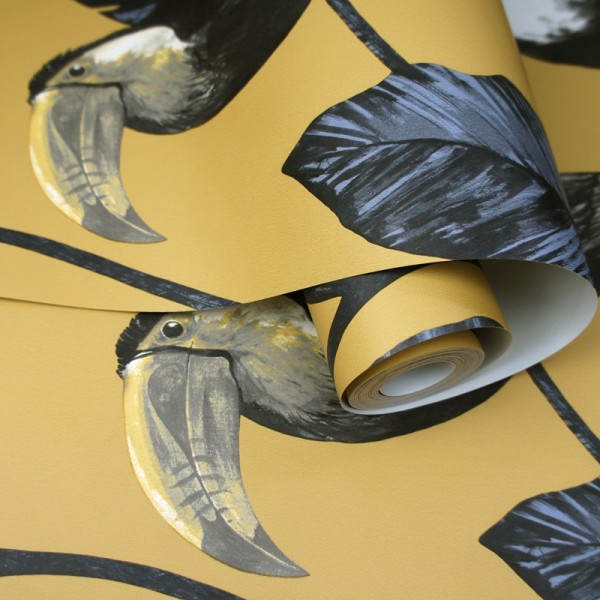 Papel pintado tucanes ocre con hojas Amazonia 91342