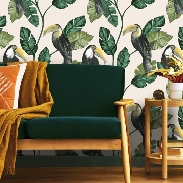 Papel pintado tropical con tucanes y hojas 91341