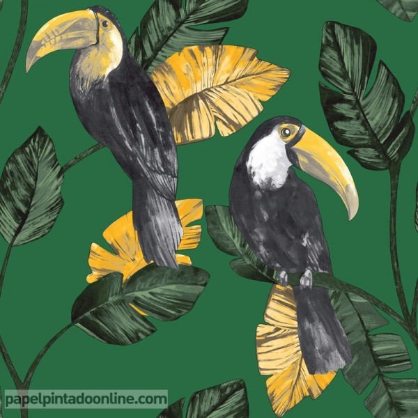 Papel pintado con tucanes verde con hojas 91340