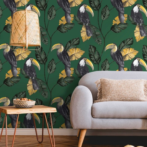 Papel pintado con tucanes verde con hojas 91340