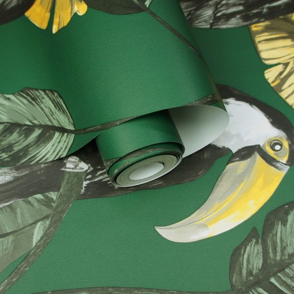 Papel pintado con tucanes verde con hojas 91340