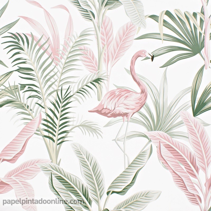 Papel de Parede de Flamingos Rosa com Folhas Verdes 157