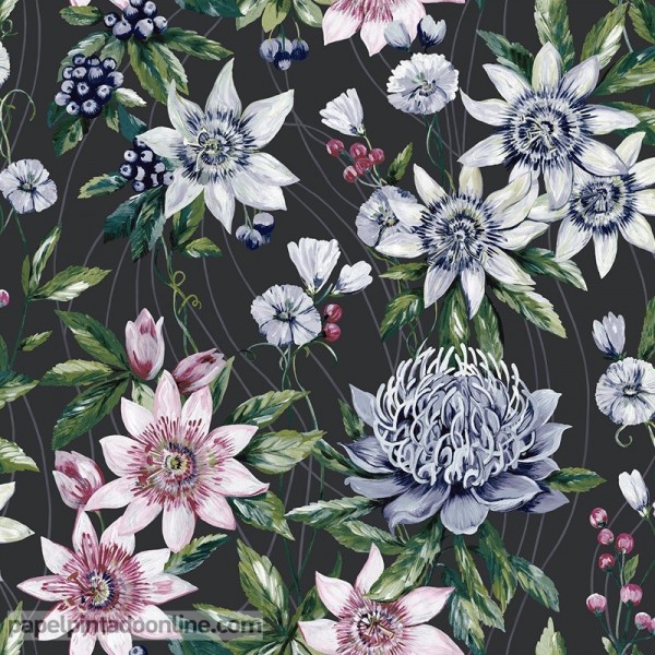 Papel pintado floral botánico negro 91324