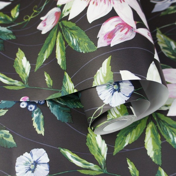 Paper pintat floral botànic negre 91324 Paper pintat floral botànic negre 91324