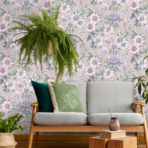 papel de parede floral fundo rosa 91322