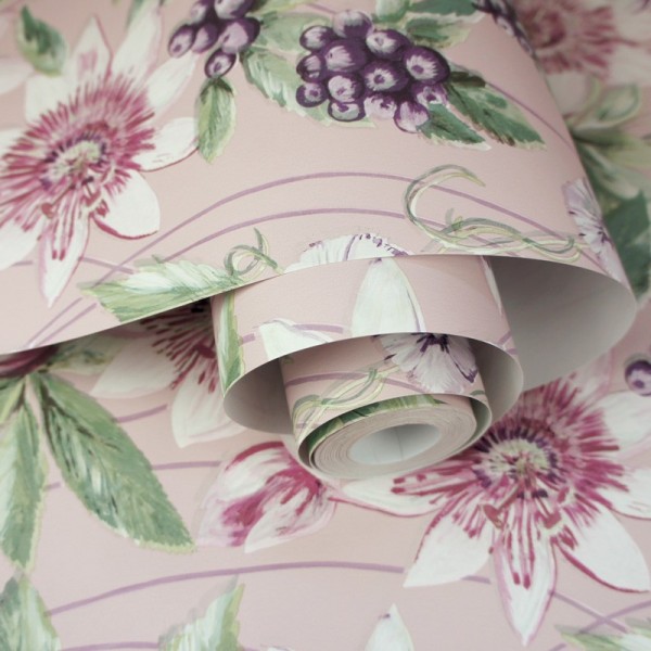 Papel pintado con flores románticas fondo rosa pastel 91322