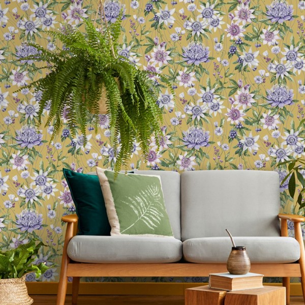 Papel pintado floral con fondo ocre 91321