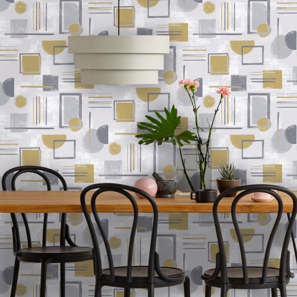 papel de parede geométrico ocre e cinza 91331