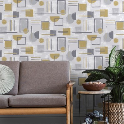 papel de parede geométrico ocre e cinza 91331