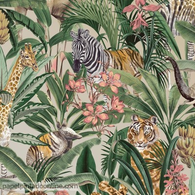 Papel de parede tropical com animais selva e folhas 91314