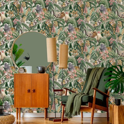Papel de parede tropical com animais selva e folhas 91314