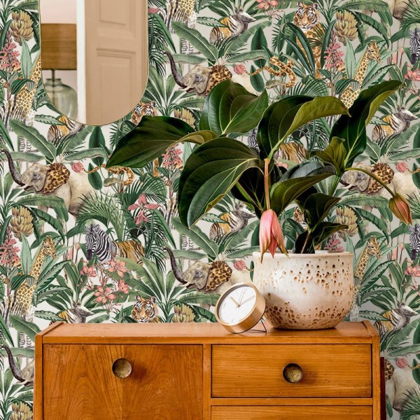 Papel de parede tropical com animais selva e folhas 91314