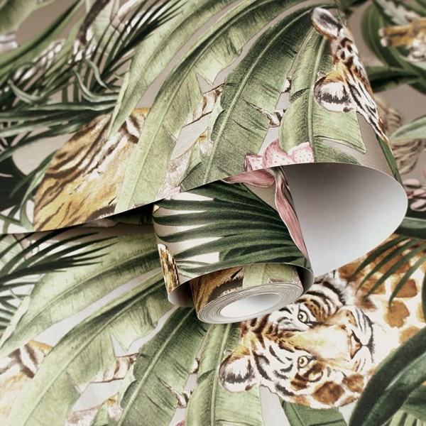 Papel de parede tropical com animais selva e folhas 91314
