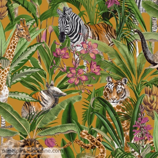 Paper pintat tropical amb animals i fulles de plantes verdes amazonia 91313
