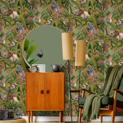 Paper pintat tropical amb animals i fulles de plantes verdes amazonia 91313