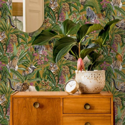 Paper pintat tropical amb animals i fulles de plantes verdes amazonia 91313