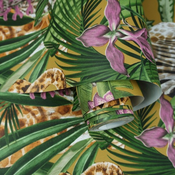 Paper pintat tropical amb animals i fulles de plantes verdes amazonia 91313