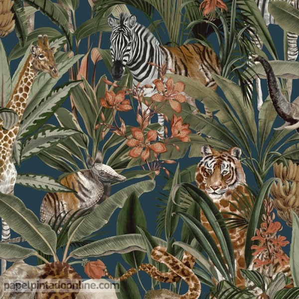 Papel pintado tropical, animales con plantas de la selva 91312