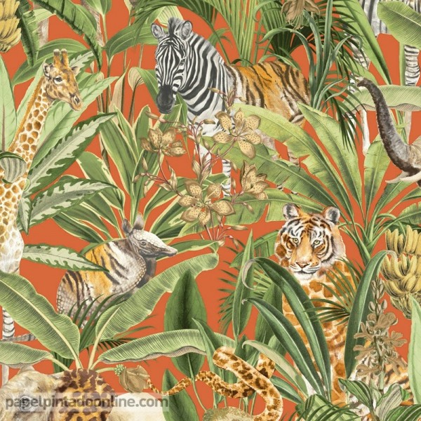Papel pintado animales selva fondo naranja intenso, decoración tropical 91311