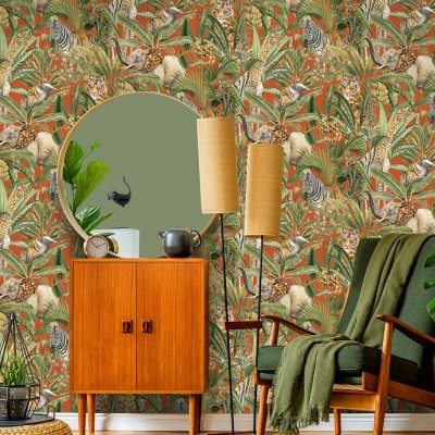 Papel pintado animales selva fondo naranja intenso, decoración tropical 91311 Papel pintado animales selva fondo naranja intenso, decoración tropical 91311