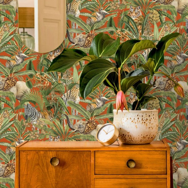 Papel pintado animales selva fondo naranja intenso, decoración tropical 91311 Papel pintado animales selva fondo naranja intenso, decoración tropical 91311