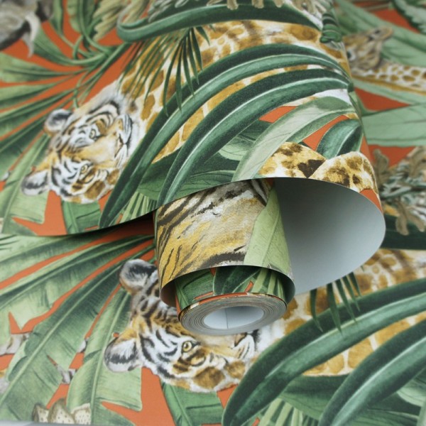 Papel de parede de animais da selva fundo laranja intenso, decoração tropical 91311 Papel de parede de animais da selva fundo laranja intenso, decoração tropical 91311