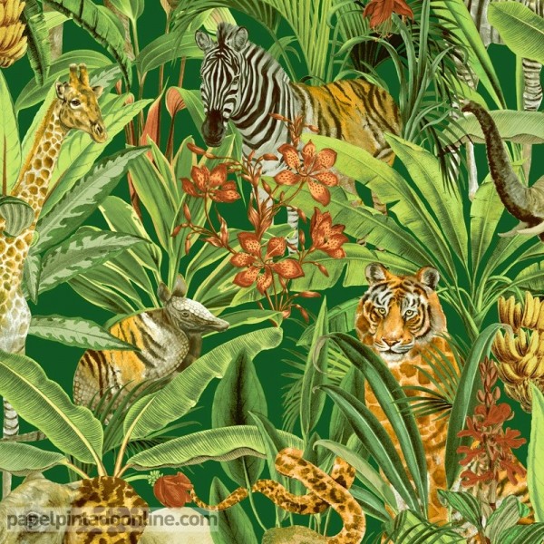 Papel de parede de animais com folhas na selva, decoração tropical 91310