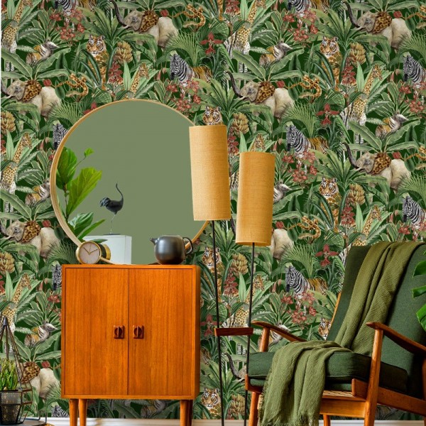 Papel de parede de animais com folhas na selva, decoração tropical 91310 Papel de parede de animais com folhas na selva, decoração tropical 91310