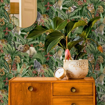 Papel de parede de animais com folhas na selva, decoração tropical 91310 Papel de parede de animais com folhas na selva, decoração tropical 91310