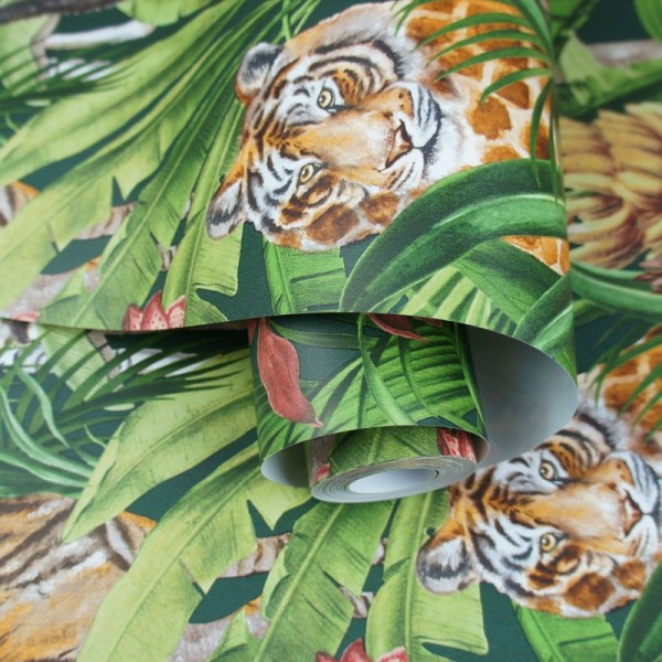 Papel pintado animales con hojas en la selva, decoración tropical 91310 Papel pintado animales con hojas en la selva, decoración tropical 91310