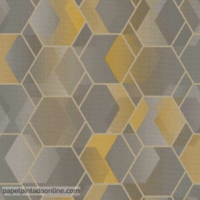 Papel pintado geométrico amarillo y gris con el contorno plata amazonia 91282