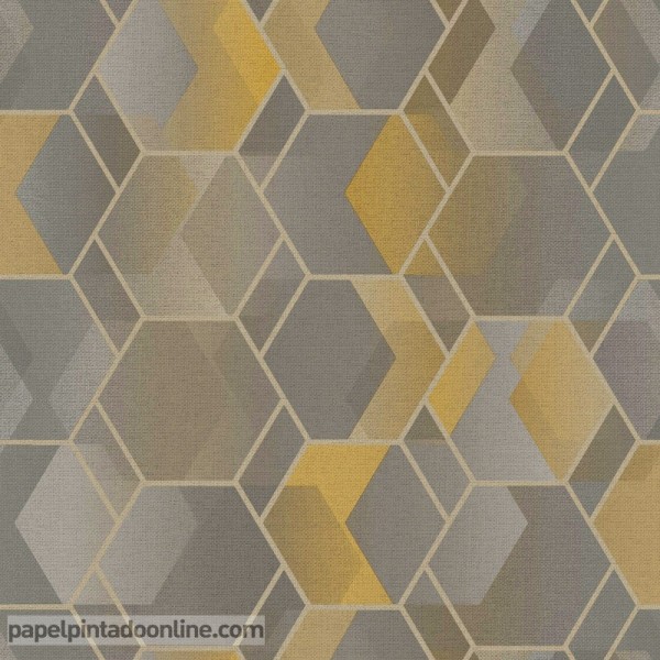 Papel pintado geométrico amarillo y gris con el contorno plata amazonia 91282