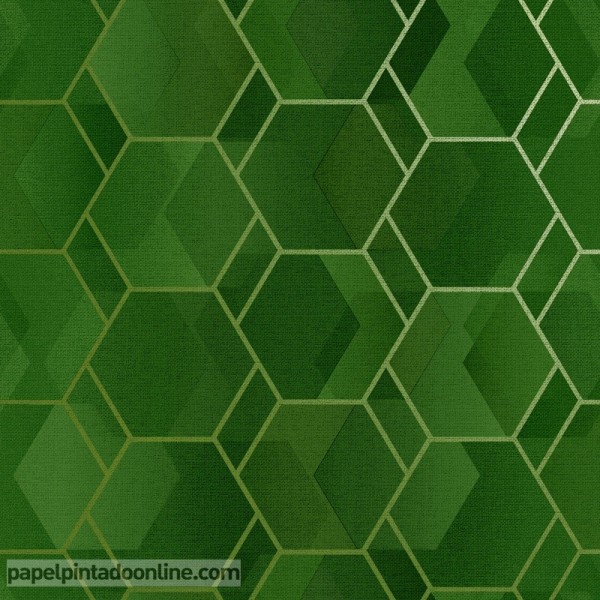 Papel pintado geométrico verde y dorado 91280