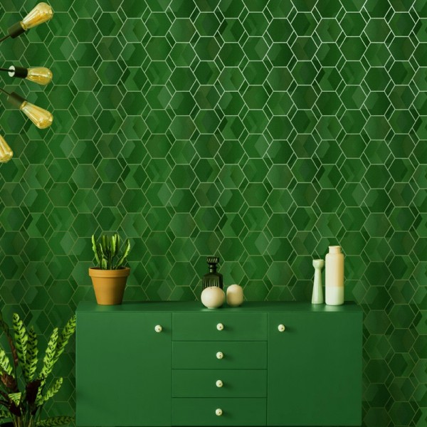 Papel pintado geométrico verde y dorado 91280