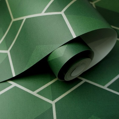Papel pintado geométrico verde y dorado 91280