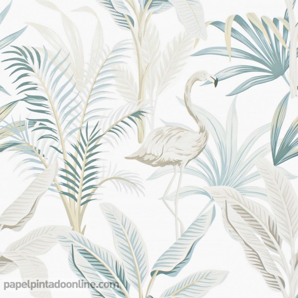 Papel de parede de flamingos dourados com folhas tropicais verde água decoração tropical 155