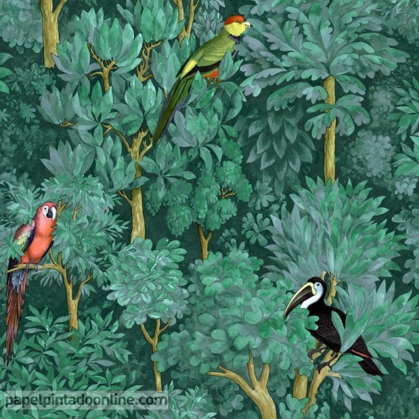 Papel pintado naturaleza tropical con pájaros 91251